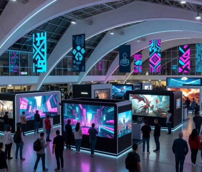 Pavilhão lotado do TecnoGame 2026 em Brasília, com estandes de tecnologia e games, atraindo milhares de visitantes com apoio governamental.