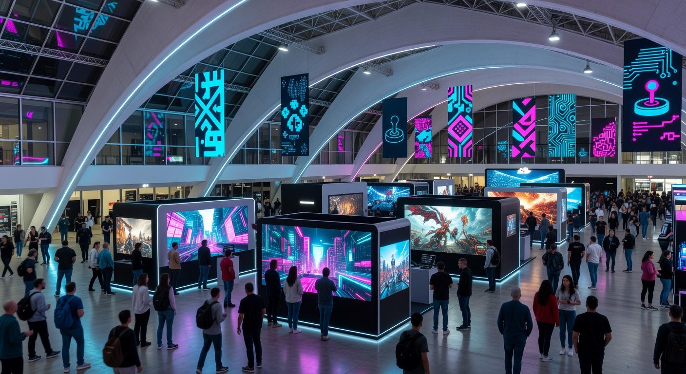 Pavilhão lotado do TecnoGame 2026 em Brasília, com estandes de tecnologia e games, atraindo milhares de visitantes com apoio governamental.