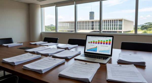 Mesa com documentos de licitação e laptop em sala governamental no DF, representando autonomia em tecnologia.