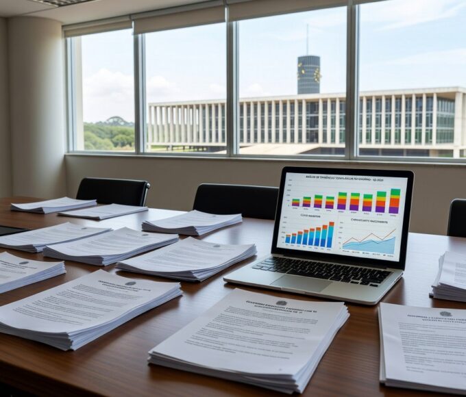 Mesa com documentos de licitação e laptop em sala governamental no DF, representando autonomia em tecnologia.