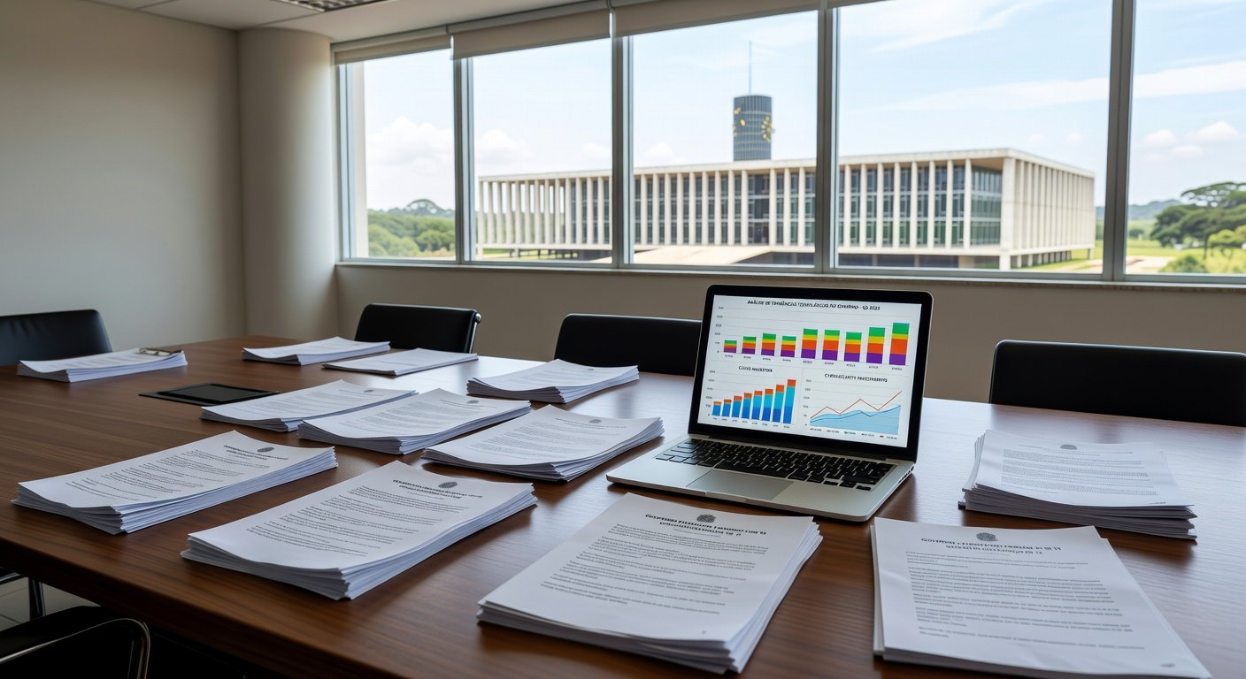 Mesa com documentos de licitação e laptop em sala governamental no DF, representando autonomia em tecnologia.