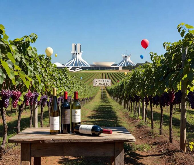 Vinhedos da Vinícola Brasília com garrafas de vinho em celebração aos 2 anos da vinícola e 66 anos da capital.