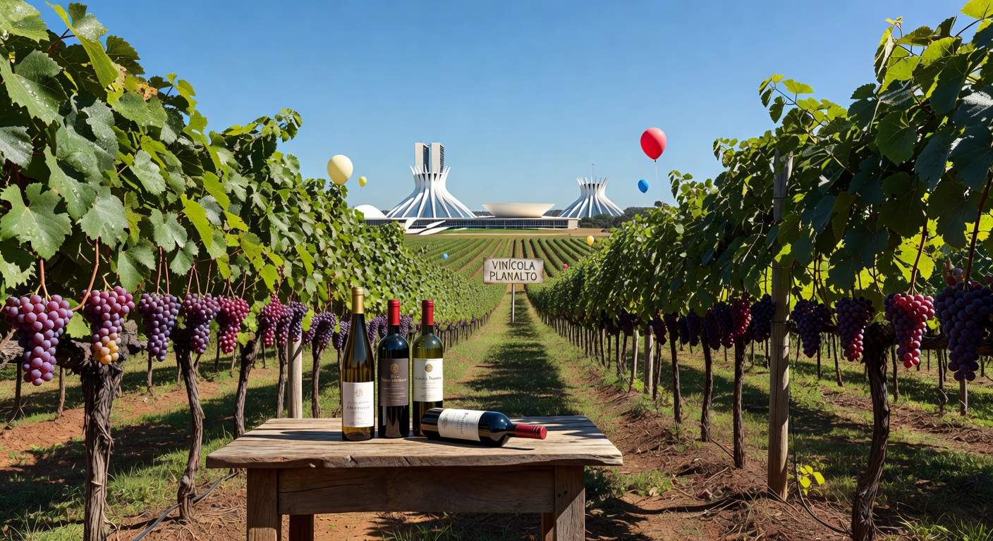 Vinhedos da Vinícola Brasília com garrafas de vinho em celebração aos 2 anos da vinícola e 66 anos da capital.