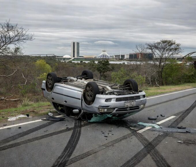 Carro capotado em acidente na DF-005 em Brasília, com destroços na rodovia e vegetação do cerrado ao fundo.