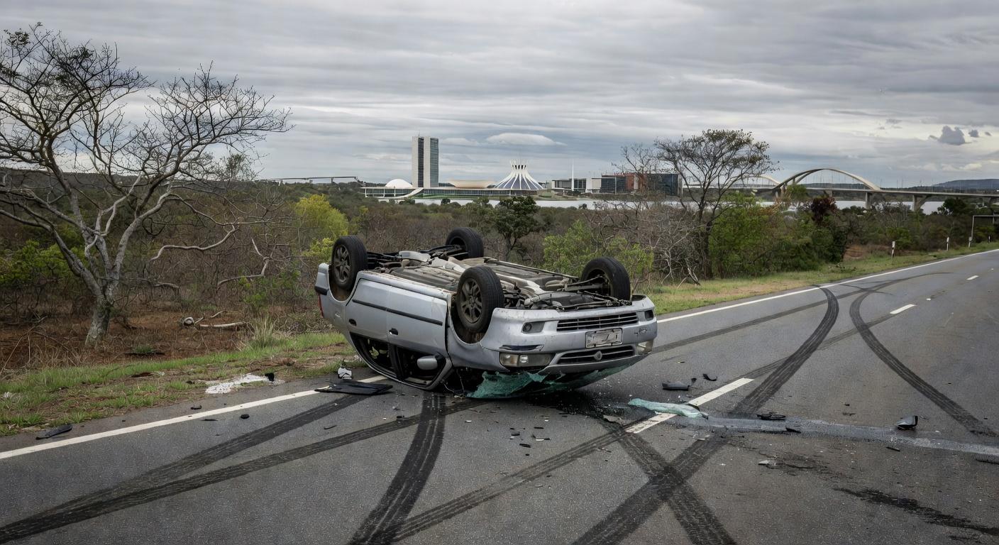 Carro capotado em acidente na DF-005 em Brasília, com destroços na rodovia e vegetação do cerrado ao fundo.