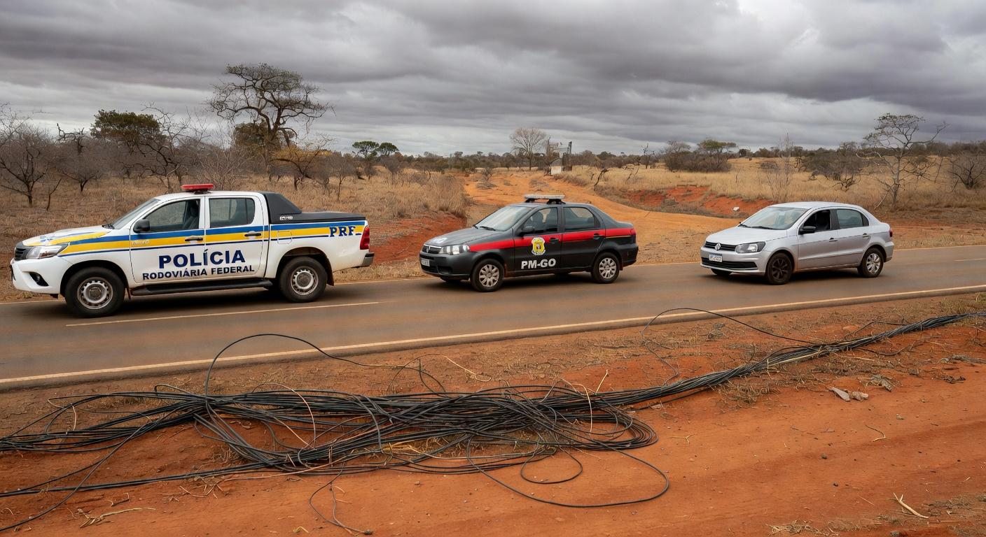 Viaturas da PRF e PMGO apreendendo 500 kg de cabos furtados em estrada de Goiás.