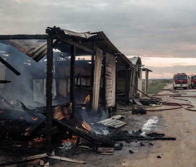 Barraco destruído por incêndio em Ceilândia, com viaturas de bombeiros controlando as chamas.