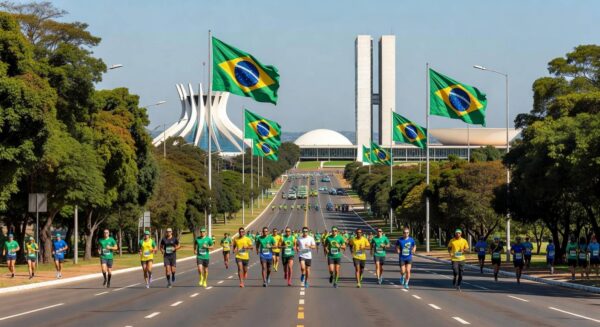Maratona em Brasília celebrando 66 anos da cidade, com arquitetura icônica como Congresso Nacional ao fundo.