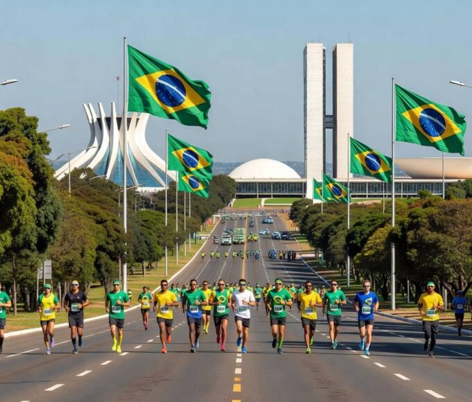 Maratona em Brasília celebrando 66 anos da cidade, com arquitetura icônica como Congresso Nacional ao fundo.