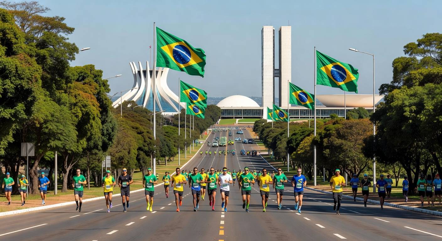 Maratona em Brasília celebrando 66 anos da cidade, com arquitetura icônica como Congresso Nacional ao fundo.