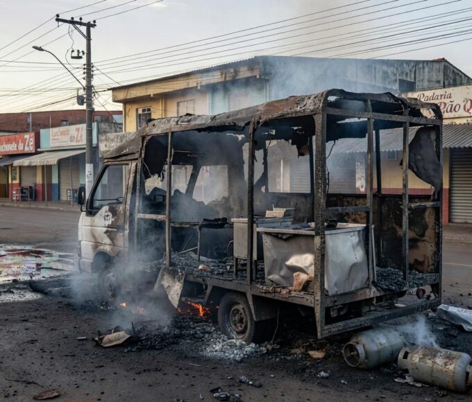 Food-truck Dog do Cangaceiro destruído por incêndio em Ceilândia, com suspeita de vazamento de gás.