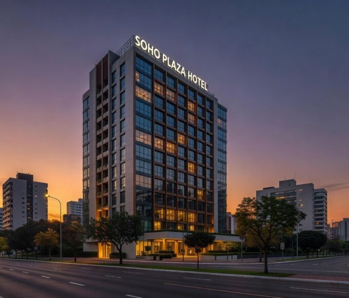 Fachada do Soho Plaza Hotel inaugurado em Águas Claras, Brasília, com arquitetura moderna e urbana.