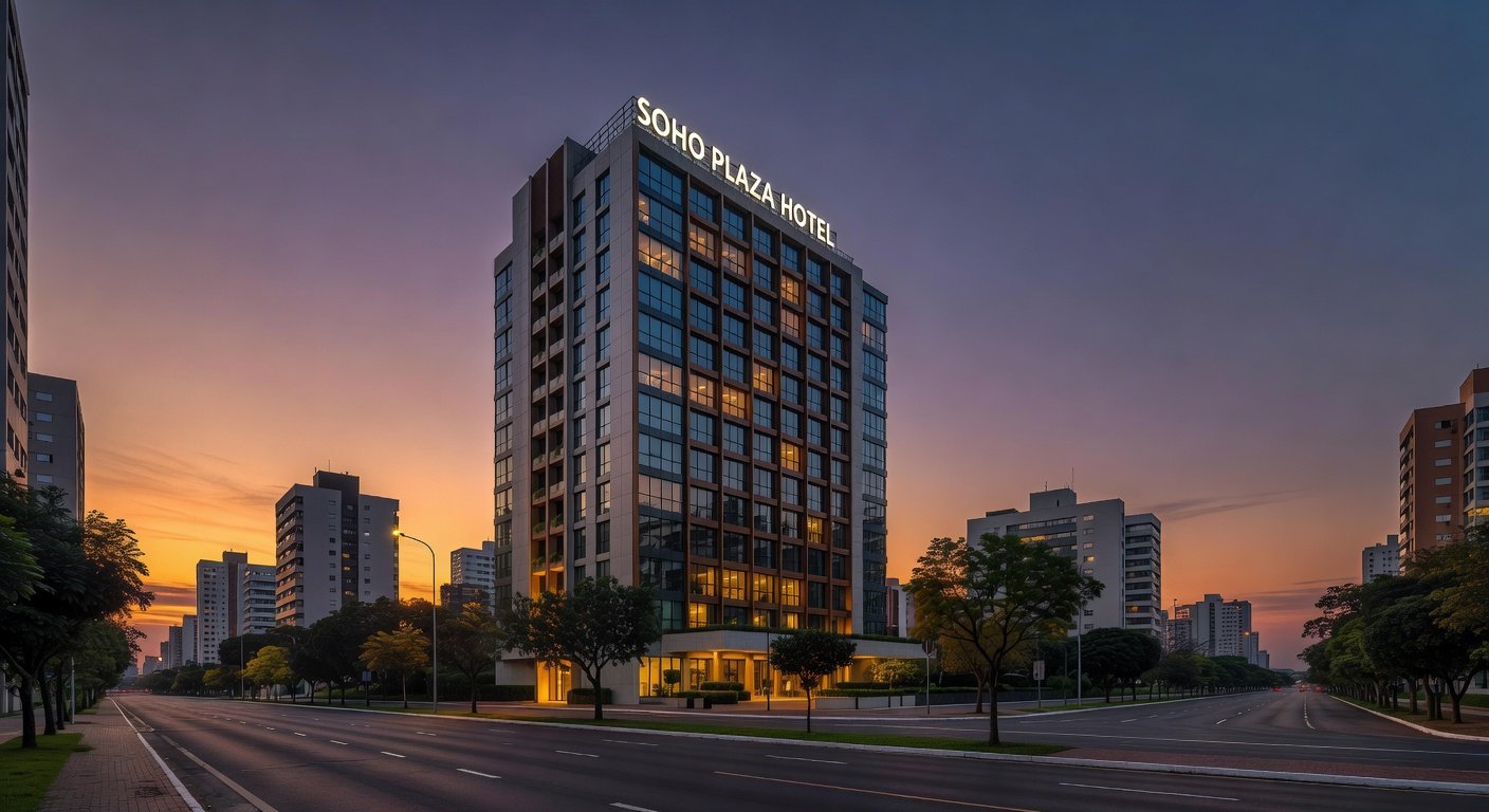 Fachada do Soho Plaza Hotel inaugurado em Águas Claras, Brasília, com arquitetura moderna e urbana.