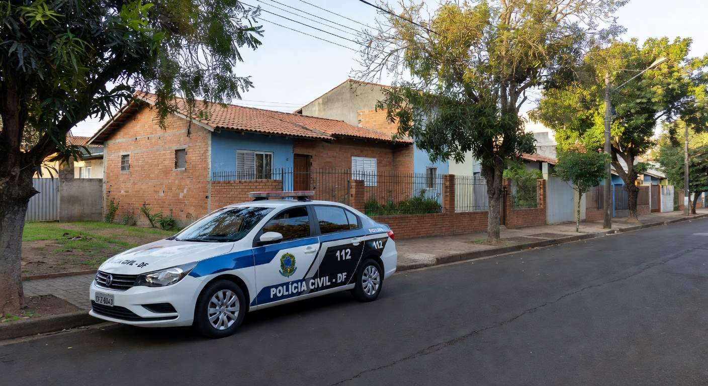 Viatura policial em rua de Taguatinga durante investigação de tentativa de envenenamento com chumbinho.