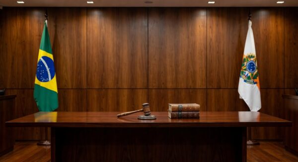 Sala de tribunal no TRF1 em Brasília com bandeiras e mesa de juízes, representando posse na presidência.