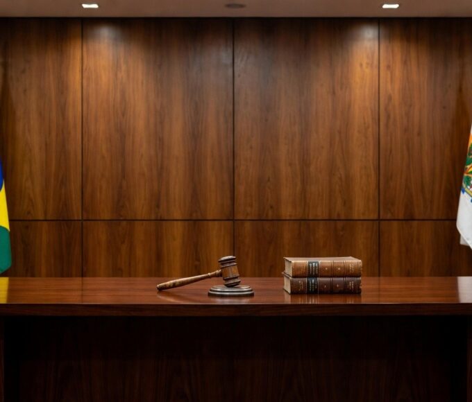 Sala de tribunal no TRF1 em Brasília com bandeiras e mesa de juízes, representando posse na presidência.