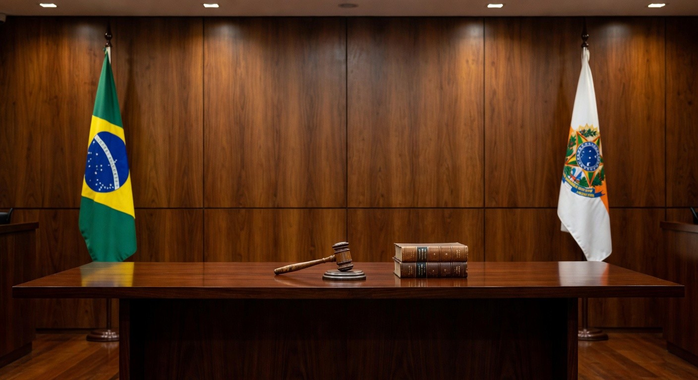 Sala de tribunal no TRF1 em Brasília com bandeiras e mesa de juízes, representando posse na presidência.
