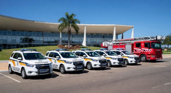 Viaturas da PMDF e CBMDF em frente ao Palácio do Buriti, representando promoções e avanços no Distrito Federal.