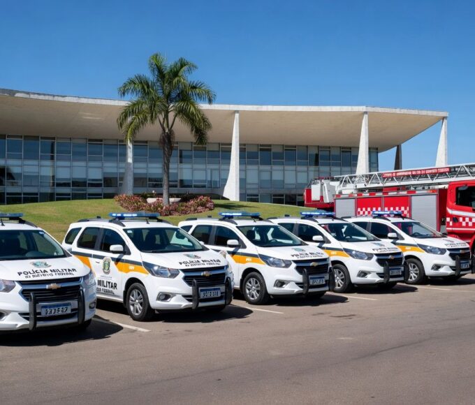 Viaturas da PMDF e CBMDF em frente ao Palácio do Buriti, representando promoções e avanços no Distrito Federal.