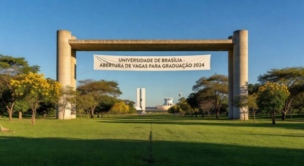 Campus universitário em Brasília com edifícios modernos e paisagem do cerrado, ilustrando edital de vagas para graduação via Enem.