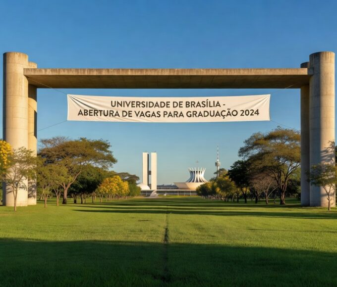 Campus universitário em Brasília com edifícios modernos e paisagem do cerrado, ilustrando edital de vagas para graduação via Enem.