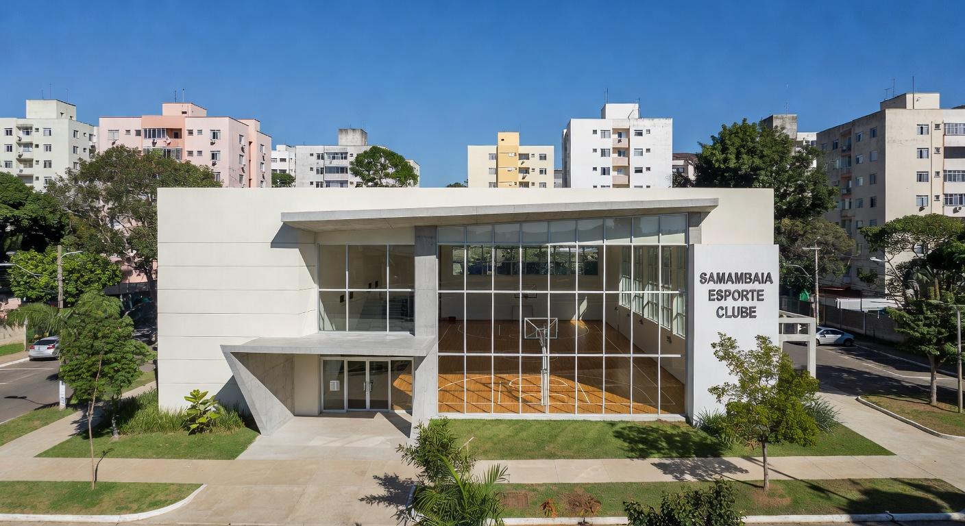 Ginásio esportivo reformado em Samambaia, DF, com fachada moderna e quadra visível, após investimento de R$ 1,2 milhão.