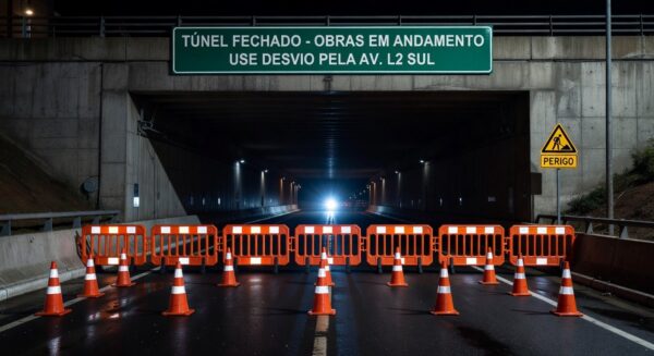 Túnel Buraco do Tatu em Brasília interditado à noite para manutenção de câmeras pelo DER-DF.