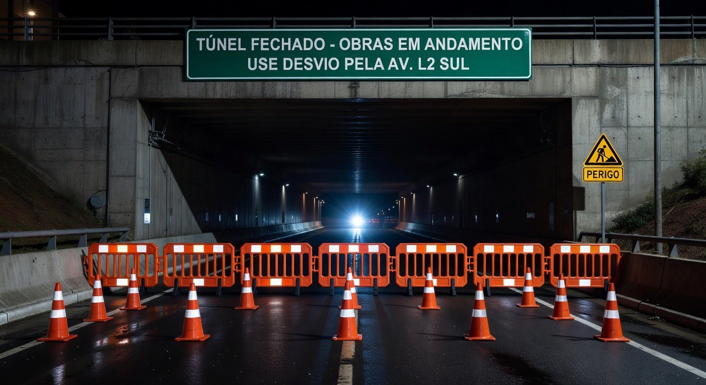 Túnel Buraco do Tatu em Brasília interditado à noite para manutenção de câmeras pelo DER-DF.