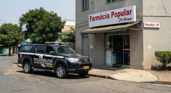 Viatura da PM do DF em frente a farmácia em Planaltina, cena de operação policial contra furto.