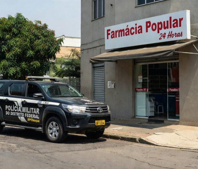 Viatura da PM do DF em frente a farmácia em Planaltina, cena de operação policial contra furto.
