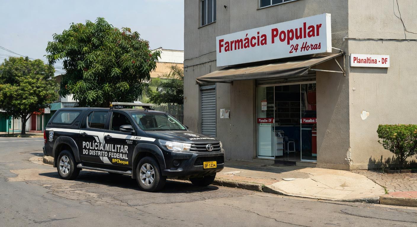 Viatura da PM do DF em frente a farmácia em Planaltina, cena de operação policial contra furto.