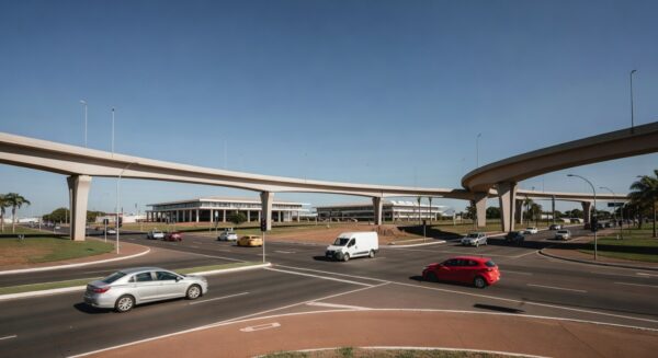 Cruzamento liberado na Epig em Brasília, aliviando o trânsito no Distrito Federal, com veículos em movimento suave.
