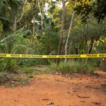 Cena de crime isolada com fita policial em floresta brasileira no Distrito Federal, representando denúncia por latrocínio e ocultação de cadáver.