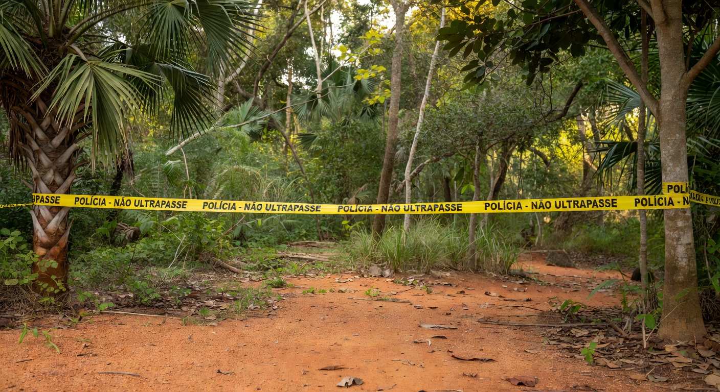 Cena de crime isolada com fita policial em floresta brasileira no Distrito Federal, representando denúncia por latrocínio e ocultação de cadáver.