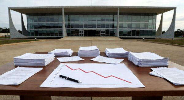 Palácio do Buriti com documentos oficiais simbolizando decreto de cortes em contratos no DF.