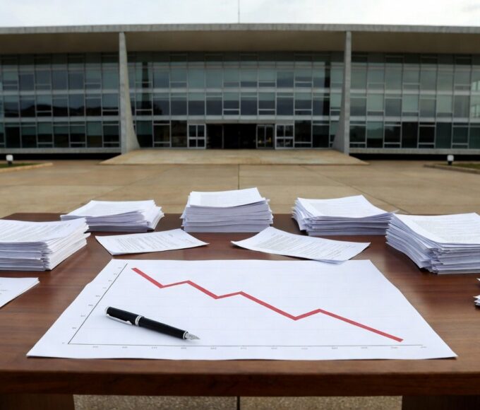 Palácio do Buriti com documentos oficiais simbolizando decreto de cortes em contratos no DF.