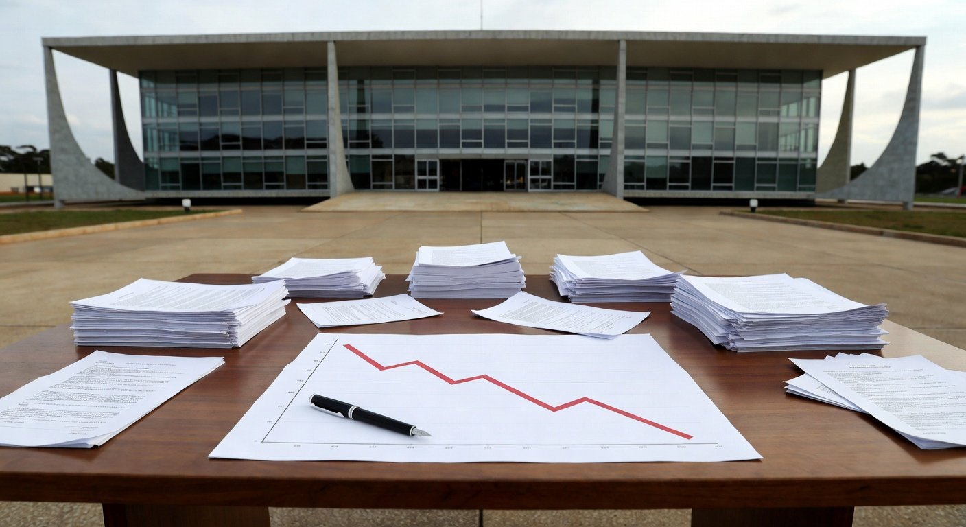 Palácio do Buriti com documentos oficiais simbolizando decreto de cortes em contratos no DF.
