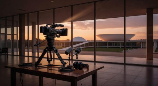 Equipamentos de vídeo em espaço cultural de Brasília, representando curso gratuito Mob Lab de vídeos culturais no DF.
