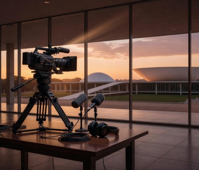 Equipamentos de vídeo em espaço cultural de Brasília, representando curso gratuito Mob Lab de vídeos culturais no DF.