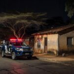 Viatura da polícia em frente a casa em Ceilândia durante operação de detenção.