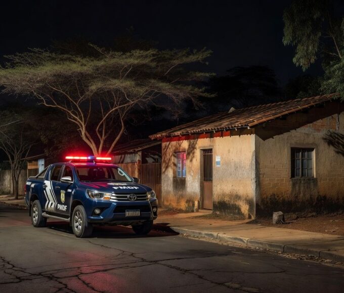 Viatura da polícia em frente a casa em Ceilândia durante operação de detenção.