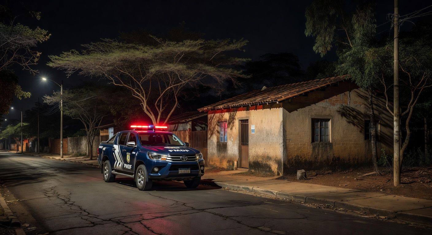 Viatura da polícia em frente a casa em Ceilândia durante operação de detenção.
