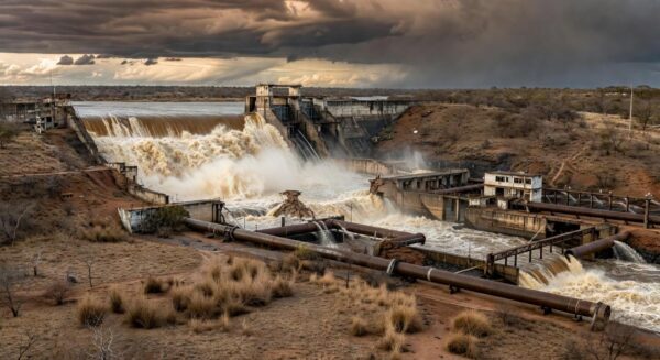 Barragem de Santa Maria transbordando no DF, revelando falhas no abastecimento de água.