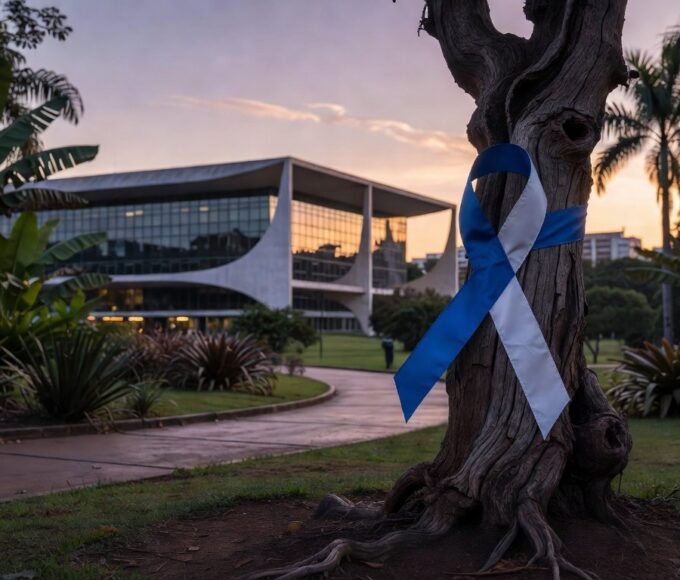 Fita azul e branca de conscientização sobre ELA em árvore de parque brasileiro, simbolizando luto por vítima da doença.