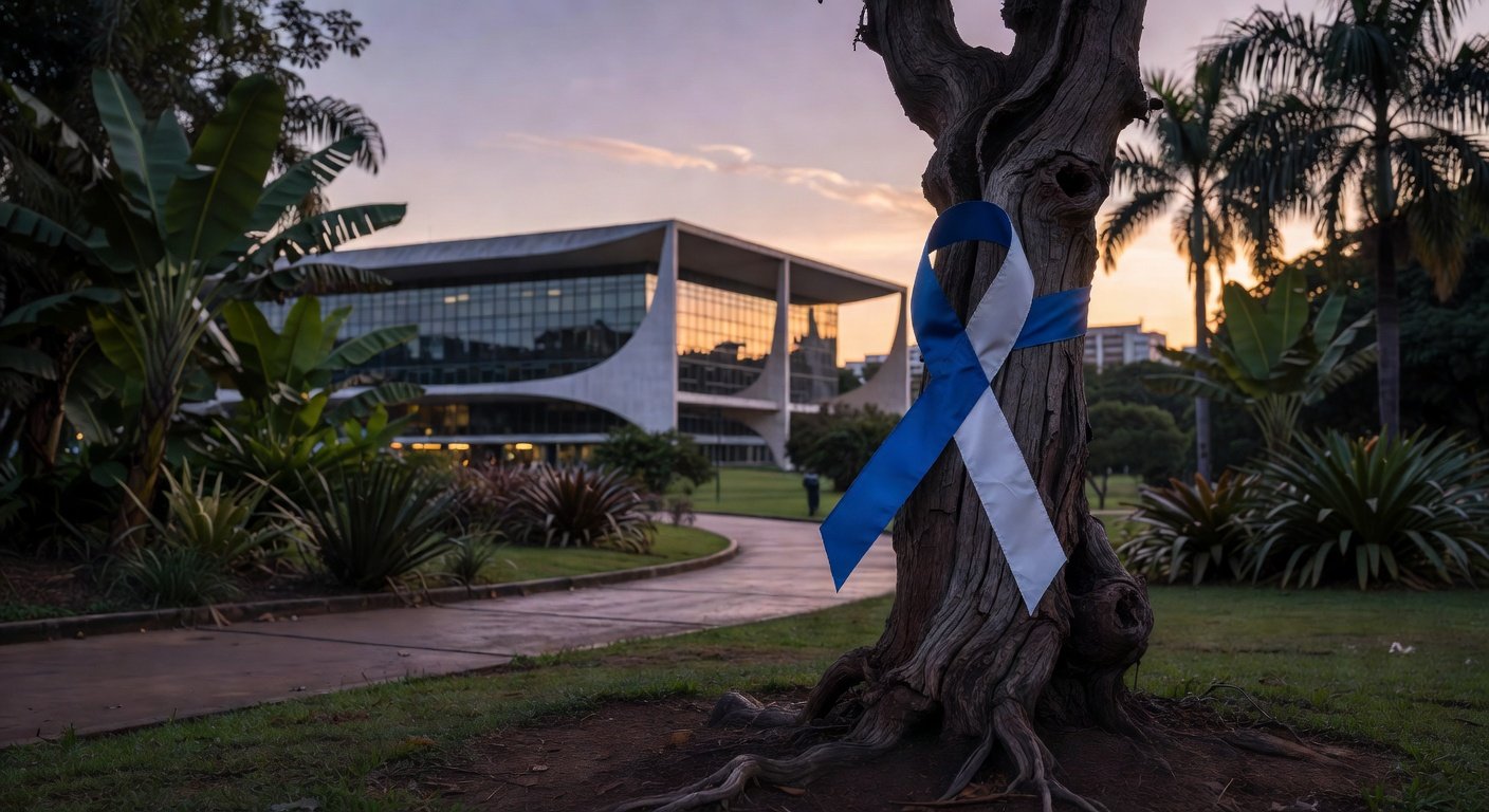 Fita azul e branca de conscientização sobre ELA em árvore de parque brasileiro, simbolizando luto por vítima da doença.