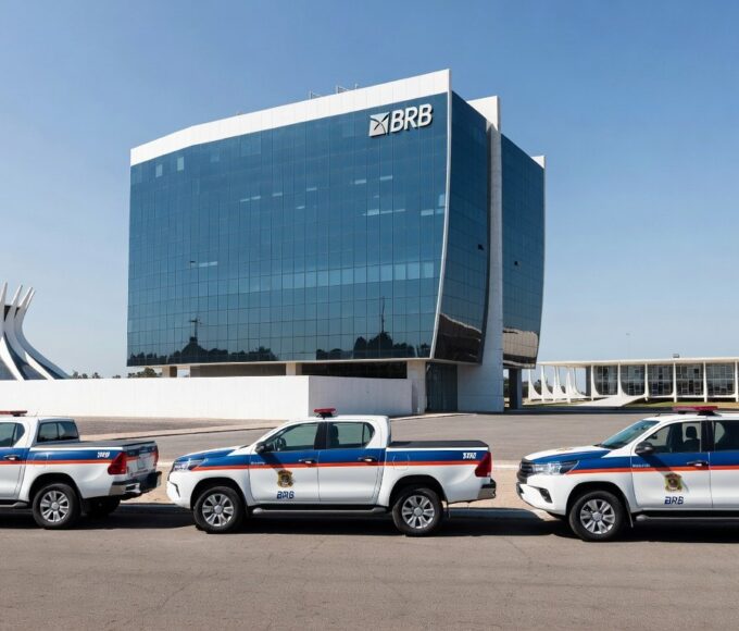 Viaturas da PCDF em frente ao BRB durante Operação Fim da Linha contra fraudes em empréstimos.