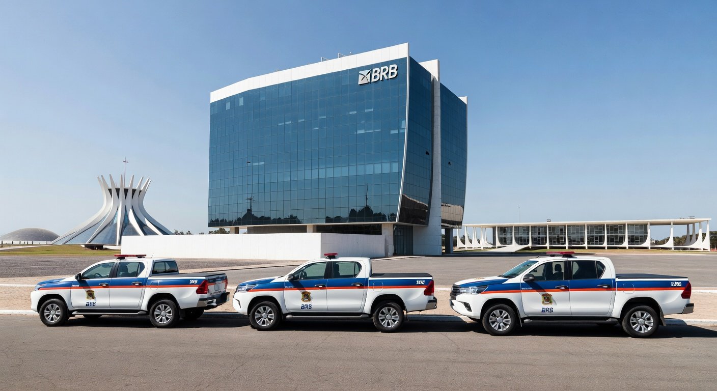 Viaturas da PCDF em frente ao BRB durante Operação Fim da Linha contra fraudes em empréstimos.