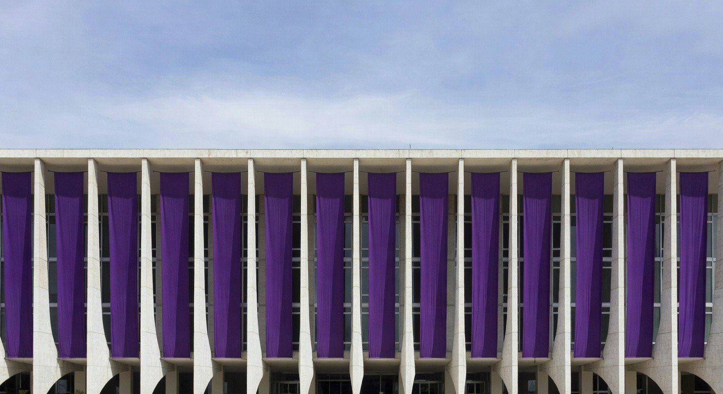 Edifício governamental em Brasília com faixas roxas representando programas contra violência doméstica da Sejus-DF.