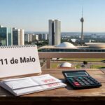 Vista urbana de Brasília com calendário marcando 11 de maio, simbolizando pagamento do IPTU 2026 com desconto de 10% à vista.