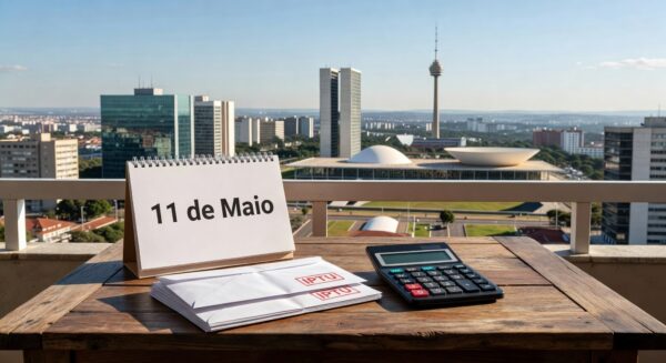Vista urbana de Brasília com calendário marcando 11 de maio, simbolizando pagamento do IPTU 2026 com desconto de 10% à vista.